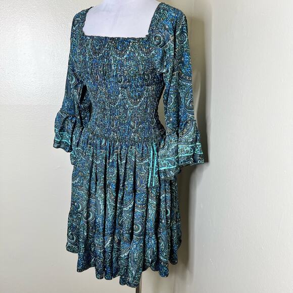 OPC Dress XS/S Womens Paisley Blue Bell Sleeve Smocked Pleated Boho A-Line Green - Picture 5 of 9